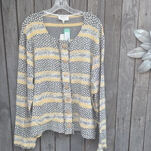 Skies Are Blue Patterned Cardigan with Yellow and Black Stripes
